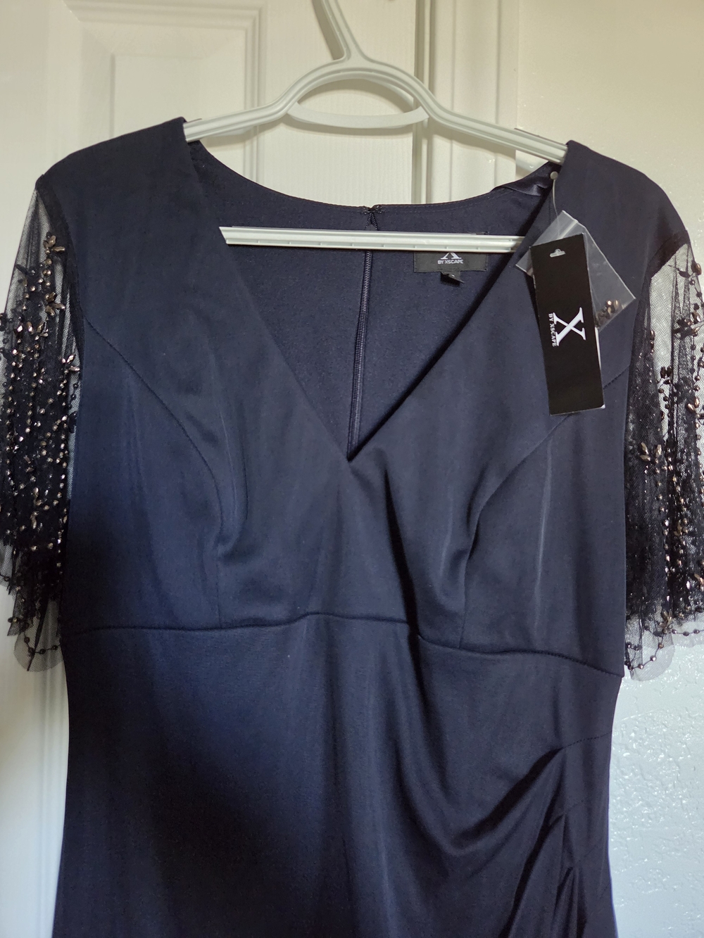 Xscape Navy V-Neck Evening Dress with Beaded Sheer Sleeves
